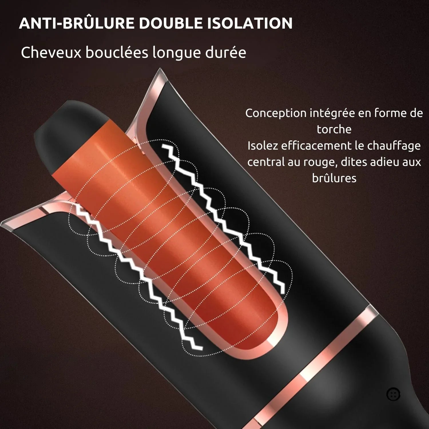 Fer à boucler automatique noir et cuivre, double isolation anti-brûlure pour cheveux bouclés.