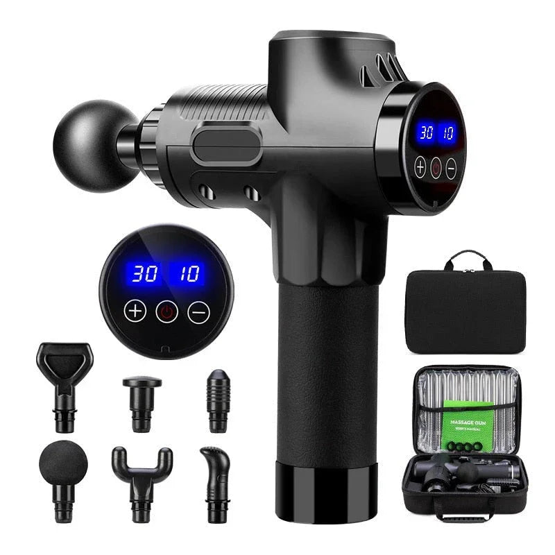 Pistolet de massage musculaire noir avec affichage LED, accessoires et mallette de transport.