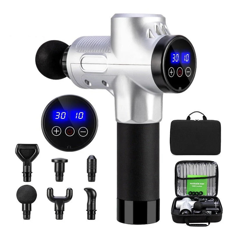 Pistolet de massage électrique argenté avec écran LCD, six embouts interchangeables et mallette