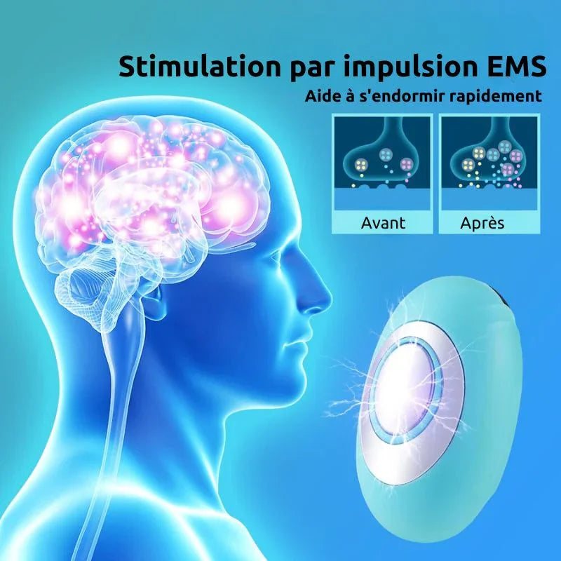 Appareil de stimulation EMS pour sommeil, illustration cerveau, schémas avant après