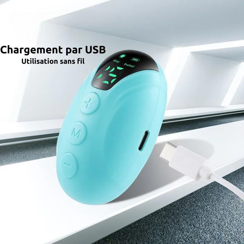 Appareil électronique bleu rechargeable USB, écran numérique, boutons de contrôle, design moderne