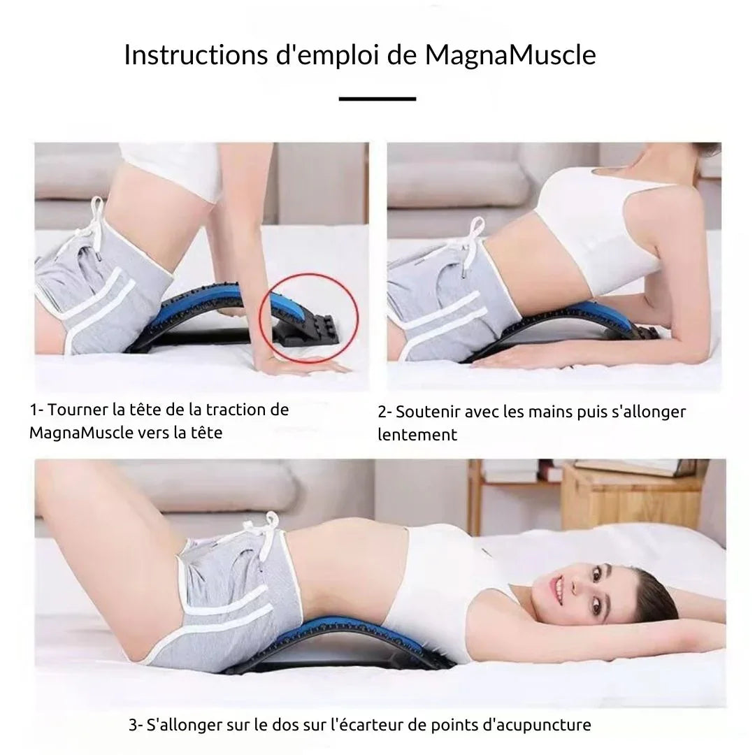 Femme utilisant un étireur de dos MagnaMuscle, démo d'étirement lombaire sur tapis ou lit.