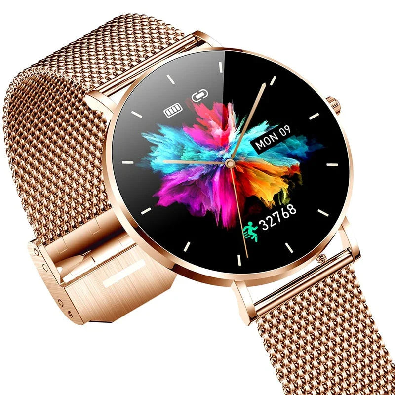 Montre connectée élégante bracelet maille dorée, écran couleur, suivi d'activité visible