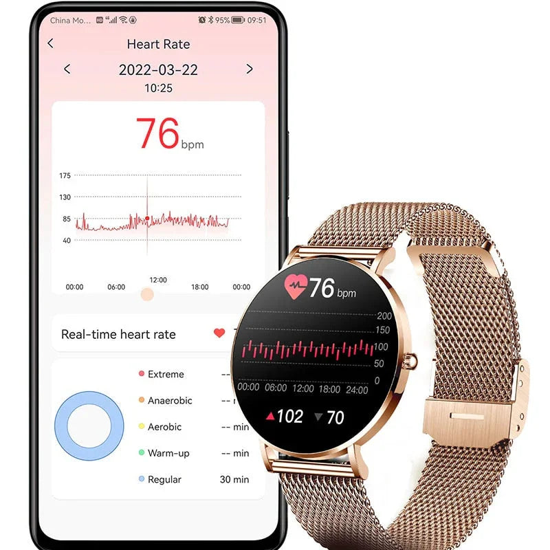 Montre connectée dorée affichant la fréquence cardiaque, synchronisée avec smartphone, suivi santé