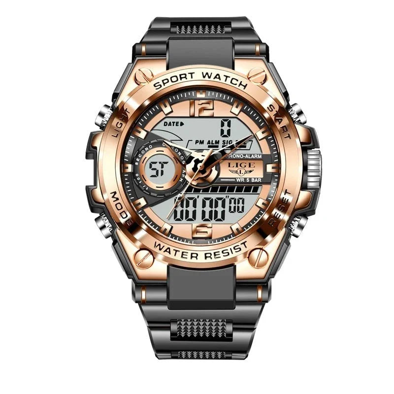 Montre homme sport dorée et noire, affichage analogique et digital, bracelet acier, résistante à l'eau