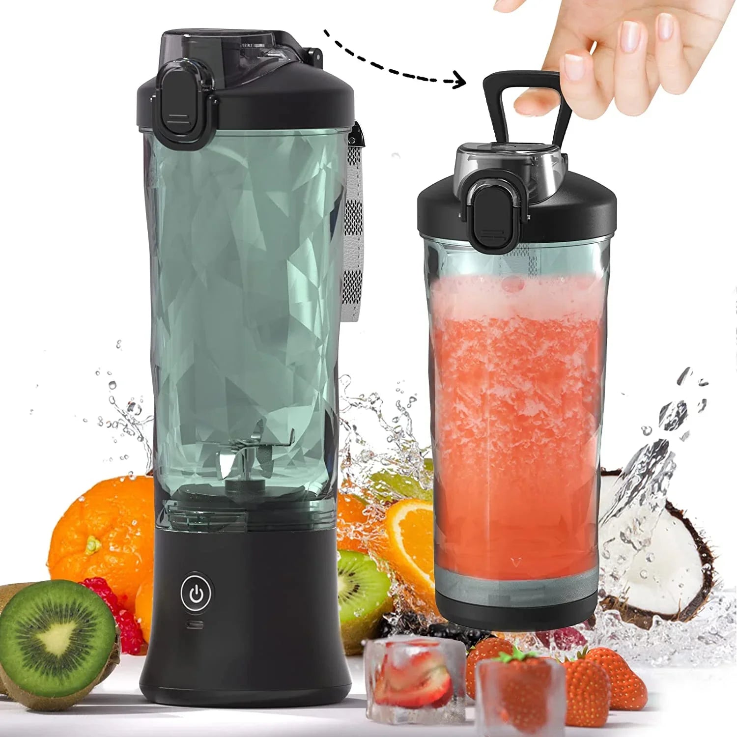 Blender portable électrique vert avec smoothie, fruits frais et glaçons en arrière-plan