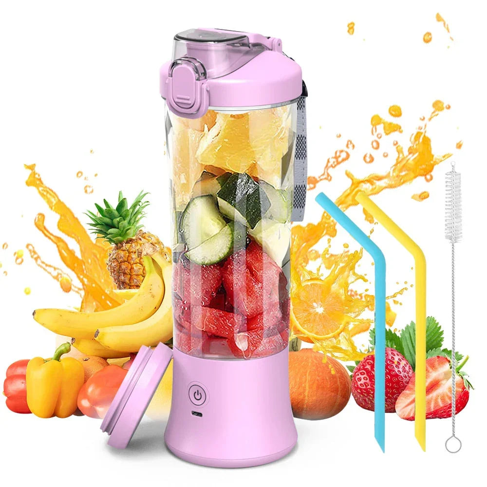 Blender portable rose rempli de fruits frais, accessoires pailles colorées et brosse, fond éclaboussant de jus.