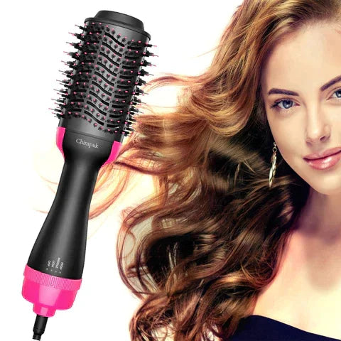 Brosse soufflante électrique noire et rose pour cheveux, idéale pour brushing et mise en forme.