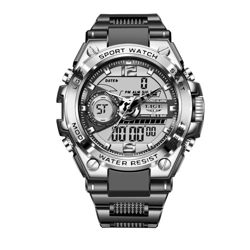 Montre sport homme argentée, affichage analogique et digital, étanche, multi-fonctions.