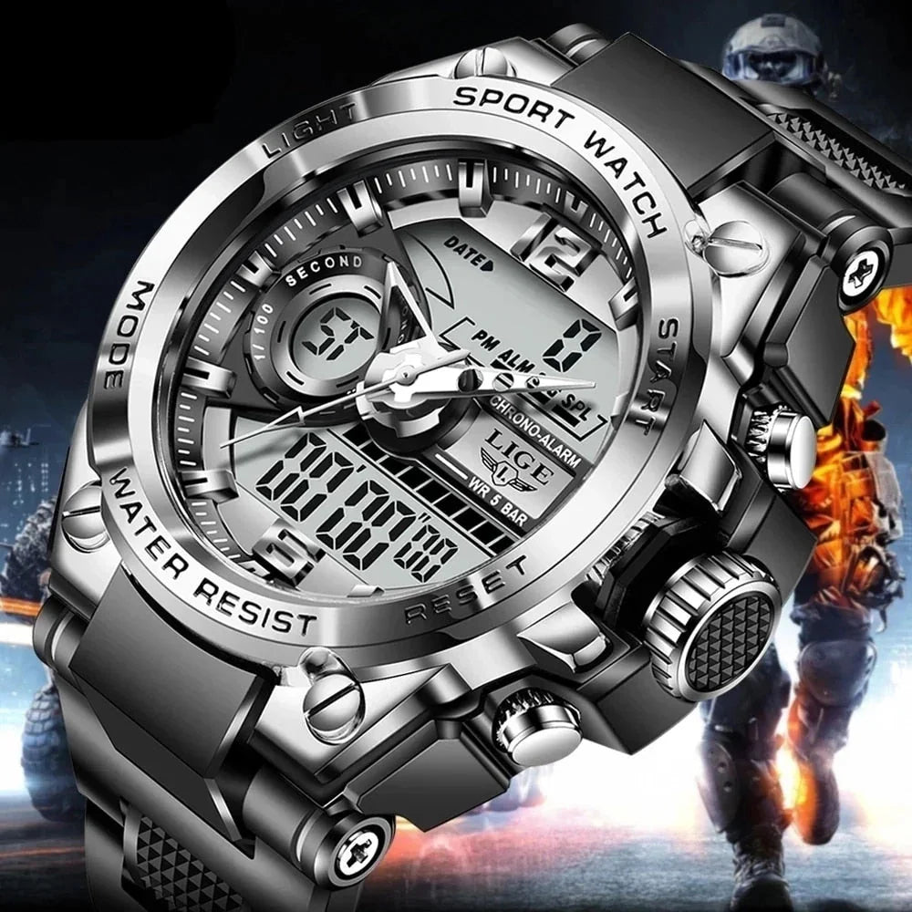 Montre sport homme multifonction argentée, affichage analogique et numérique, design robuste