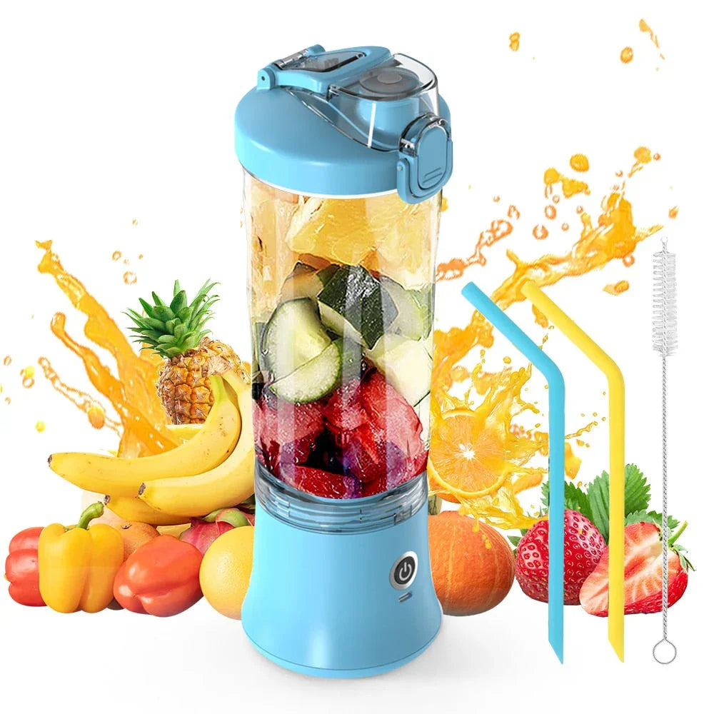 Blender portable bleu avec fruits frais, accessoires pailles et brosse de nettoyage