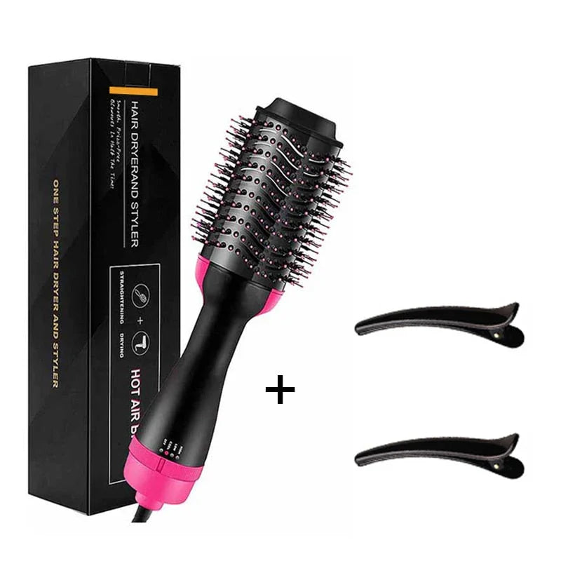 Brosse soufflante lissante noire et rose avec deux pinces à cheveux et boîte d'emballage.