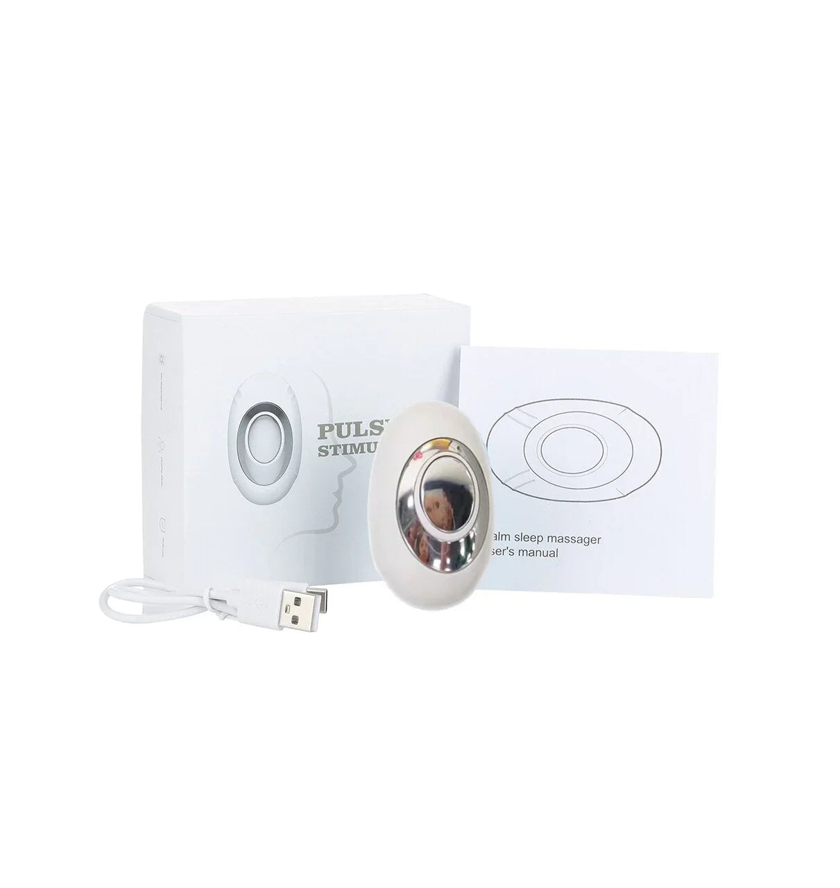 Appareil de massage de la paume USB, oval, avec boîte, manuel et câble de chargement.
