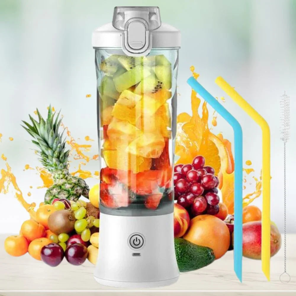 Blender portable blanc avec fruits frais, deux pailles colorées et brosse de nettoyage