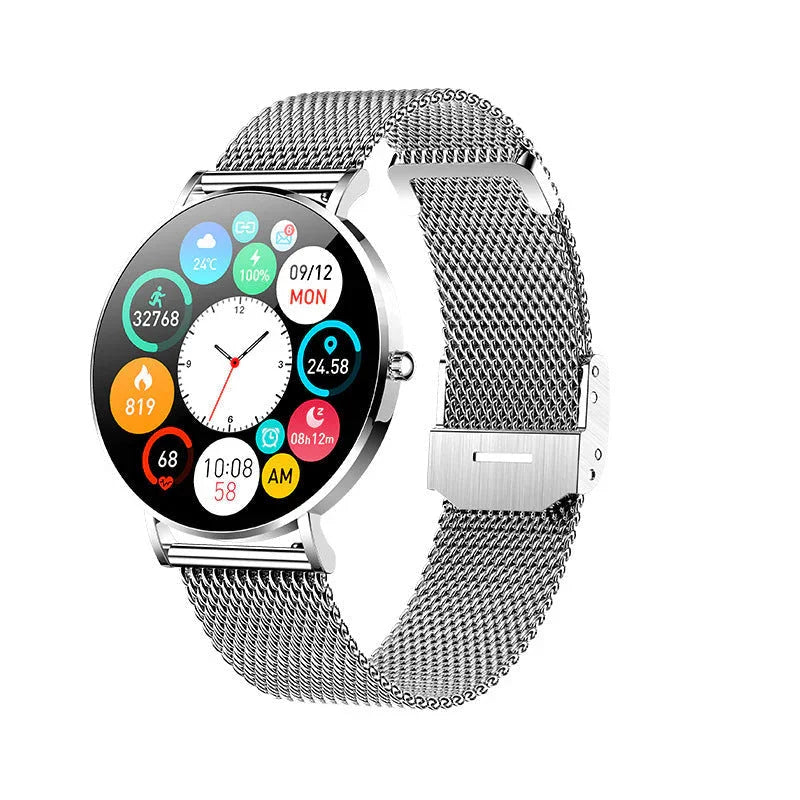 Montre connectée argentée avec écran tactile couleur, bracelet maille inox, suivi fitness