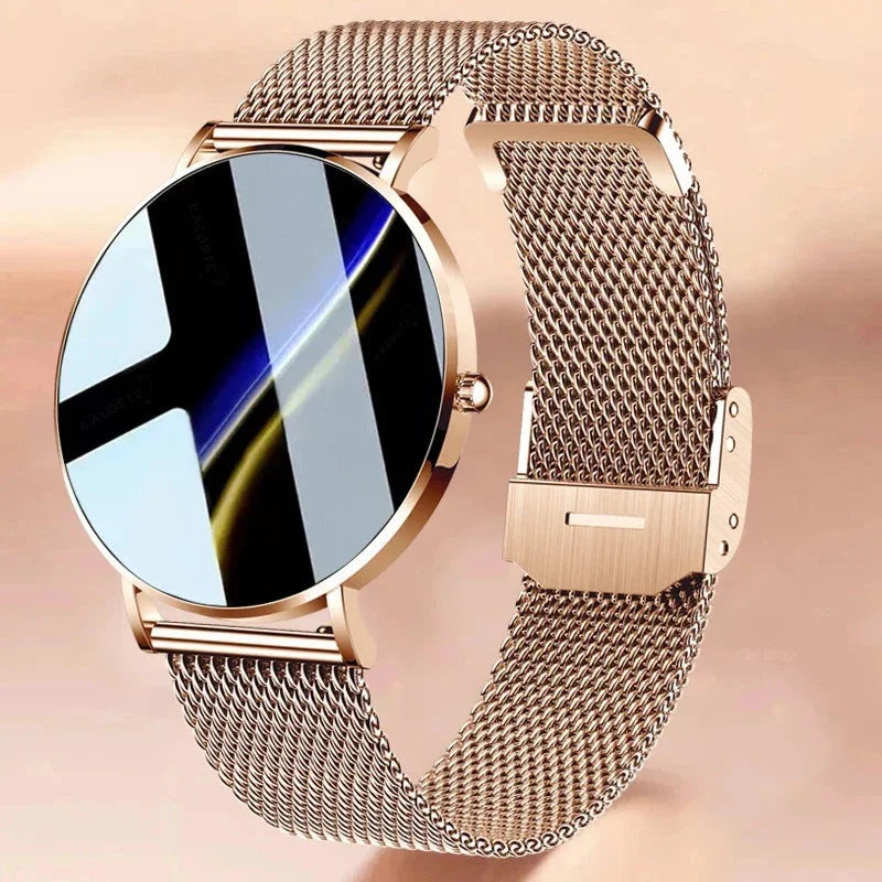 Montre élégante à bracelet maille doré avec cadran rond minimaliste, style moderne.